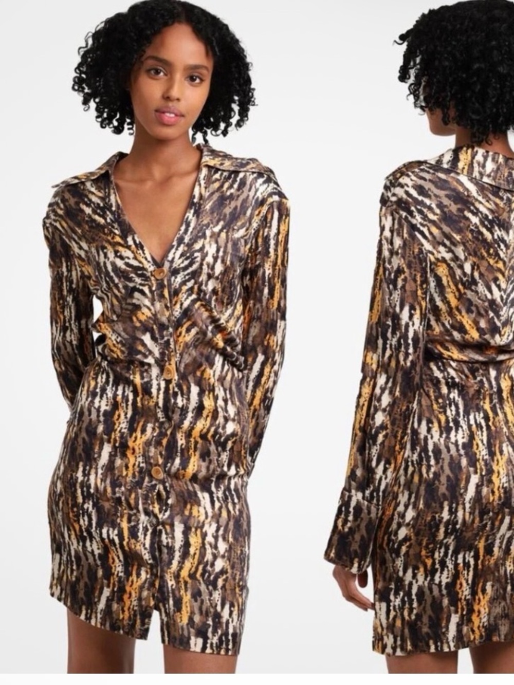 Nanushka NWT XS Brown, Gold & Cream Abstract-Print Long-Sleeve Mini Dress